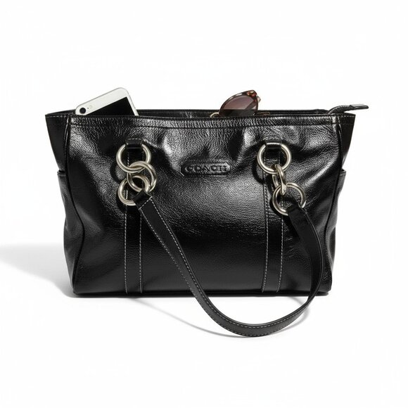 Coach Gallery F12839 Black Patent Leather Shoulder Tote – Turnlock Side Pockets - Picture 1 of 16
